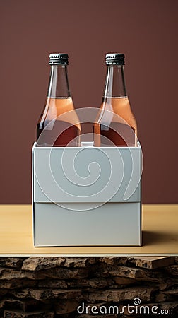 Two distinct nonalcoholic beverage bottles accompanied by a white paper box, isolated on a Toscha background Stock Photo