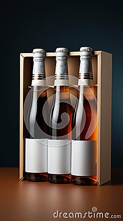 Two distinct nonalcoholic beverage bottles accompanied by a white paper box, isolated on a Toscha background Stock Photo