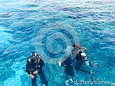 Two divers in black scuba diving suits, a man and a woman with oxygen bottles sink under the transparent blue water in the sea, th Editorial Stock Photo