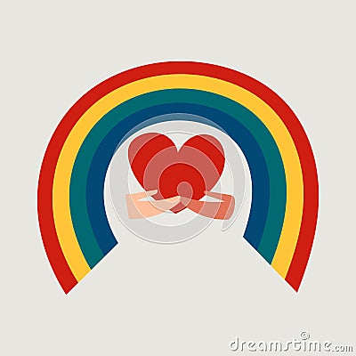 Two diverse partner hand hold heart and rainbow together. Pride color print in cartoon style. Lgbt emblem, love Vector Illustration