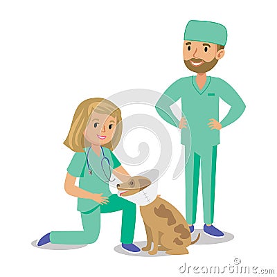 Two doctors with dog. Vet doctors. Cartoon veterinarians Vector Illustration