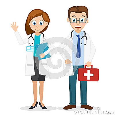 Two doctors male and female ambulance on a white. Vector Illustration