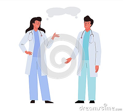 Two doctors in white uniform talk about medicine. Medical workers characters man and woman colleagues Vector Illustration