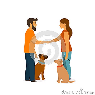 Two dog owners training their pets to sit close behave when meeting greeting Vector Illustration