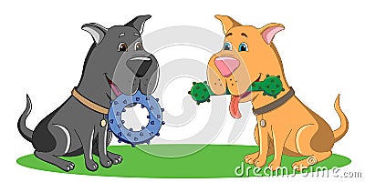 Two dogs black and brown sit on the grass and hold in their mouth rubber toys with pimples Vector Illustration