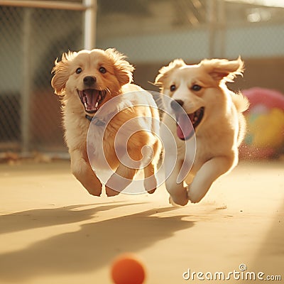 two dogs gleefully playing together, chasing a ball in a dynamic mid-shotâ€”ideal for pet care imagery Stock Photo