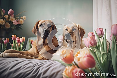 two dogs laying on a bed with tulips and flowers Stock Photo