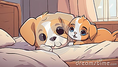 Two dogs laying on a bed Stock Photo