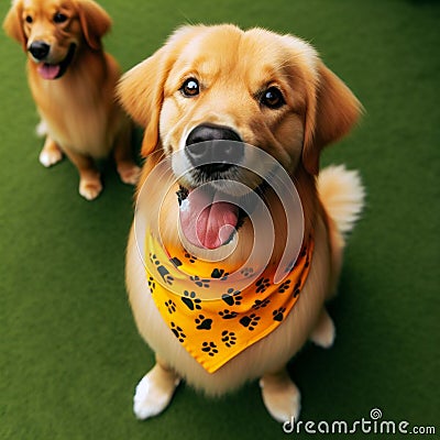 Two dogs, one in the foreground, the other in the background. In front, the dog looks pitifully at its owner Stock Photo