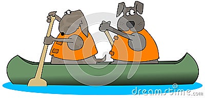 Two Dogs Paddling A Canoe Cartoon Illustration