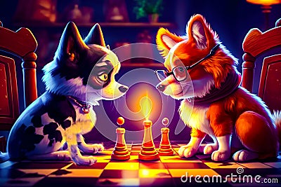 Two dogs playing game of chess on checkerboard with candle in front of them. Generative AI Stock Photo