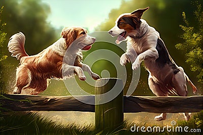 two dogs playing in the park, chasing after each other and jumping over obstacles Stock Photo