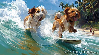 Two dogs playing on a surfboard in the ocean. Conceptual image Generative AI Cartoon Illustration