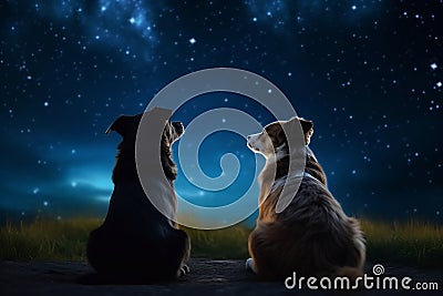 Two dogs sitting backwards and watching on night stars sky. Milkyway cosmos background Stock Photo