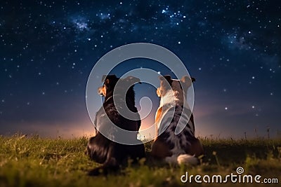 Two dogs sitting backwards and watching on night stars sky. Milkyway cosmos background Stock Photo