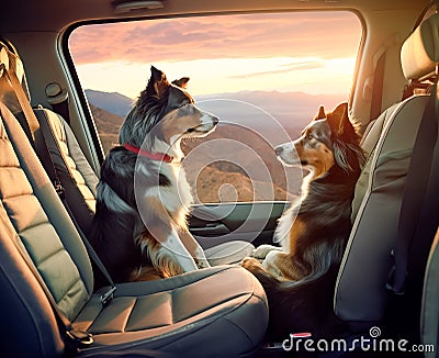 two dogs travels by car in summer. Pets on vacation Stock Photo