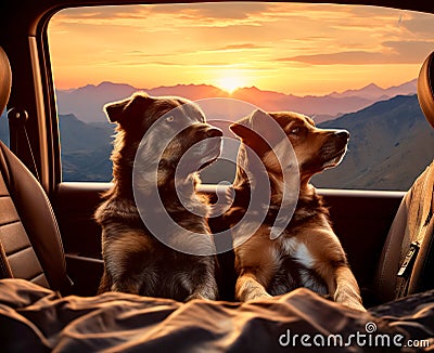 two dogs travels by car in summer. Pets on vacation Stock Photo