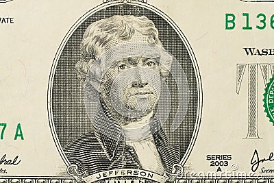 Two-dollar banknote, featuring a portrait of President Thomas Jefferson Editorial Stock Photo