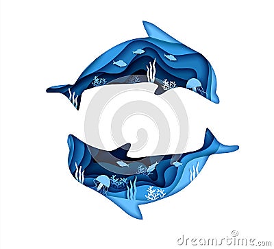 Two dolphins blue silhouette isolated on white background. Vector illustration design in paper cut style. Fish and Vector Illustration