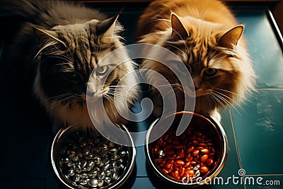 Two domestic cats are seated beside bowls of food Stock Photo