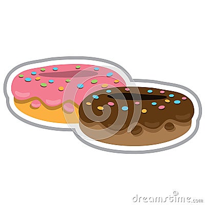 Two donuts with chocolate fudge and strawberry. Color illustration of desserts and pastries Cartoon Illustration