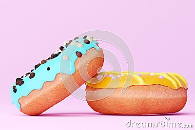 Two donuts with colorful icing on white background. Chocolate donut with violet icing and donut with white chocolate icing. Cartoon Illustration