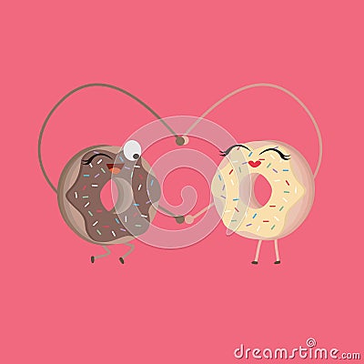 Two donuts make heart shape funny cartoon characters of food Vector Illustration