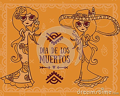 Two doodle sugar scull girls Vector Illustration