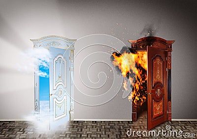 Two doors to heaven and hell. Stock Photo