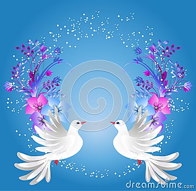 Two doves and floral ornament Vector Illustration