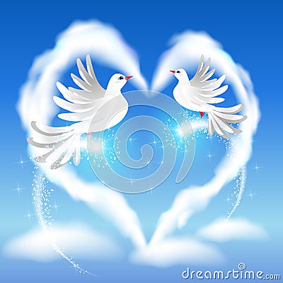 Two doves in the sky and heart Vector Illustration