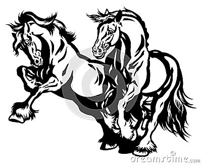 Two draft horses black white Vector Illustration