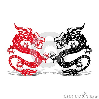 Two dragons black and red, battle, on white background, Vector Illustration