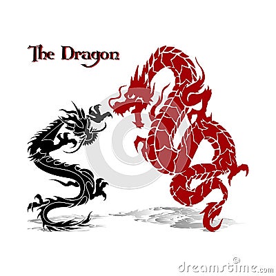 Two dragons black and red in fight, silhouette on white backgr Vector Illustration