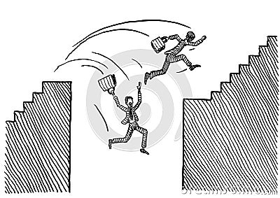 Two Drawn Men Attempting To Jump Over Abyss Stock Photo