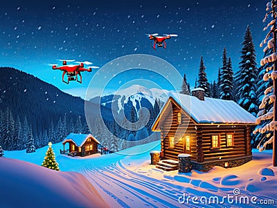 Two drones fly over two log cabins Stock Photo