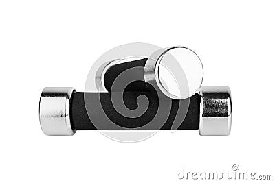 Two dumbbells on white background isolated closeup, metal barbells with black handle set, pair of iron fitness bar-bells, sport Stock Photo