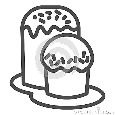 Two Easter bread on plate line icon. Traditional Paschal dessert outline style pictogram on white background. Easter Vector Illustration