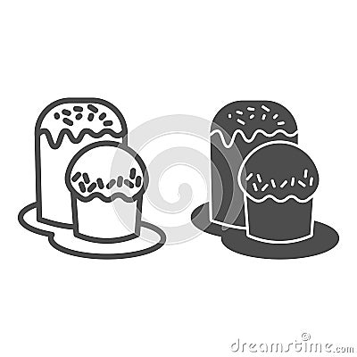 Two Easter bread on plate line and solid icon. Traditional Paschal dessert outline style pictogram on white background Vector Illustration
