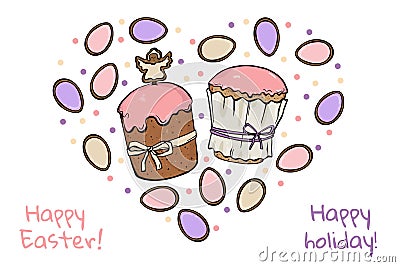 Two Easter cakes with colourful eggs Vector Illustration