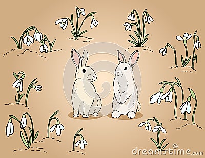 Two easter rabbits among the snowdrops hand drawn colorful illustration Vector Illustration