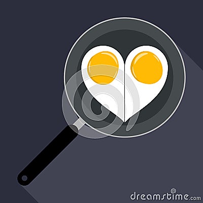 Two eggs in a pan in the form of heart. Vector Illustration