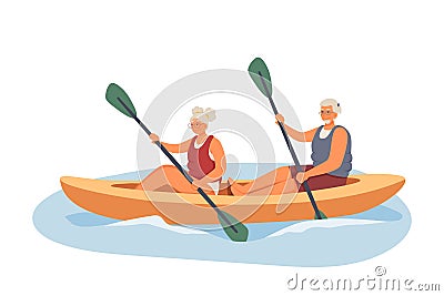 Two elderly couples engaged in rowing and canoeing. Happy and modern pensioners having fun Vector Illustration
