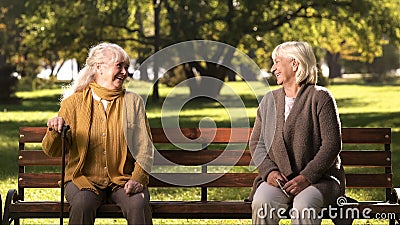 Two elderly ladies laughing and talking, sitting on bench in park, old friends Stock Photo
