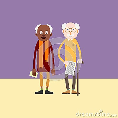 Two elderly man - african-american and white european person Vector Illustration