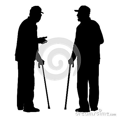 Two elderly men with cane standing and talking to each other Vector Illustration