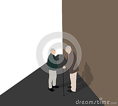 Two elderly men talking to each other on city street. Human relationships concept. Vector Illustration