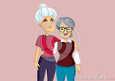 Senior Ladies Being Best Friends Vector Cartoon Illustration Vector Illustration