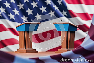 Two election debate tables over USA flag background Stock Photo