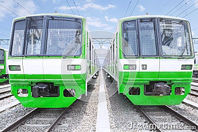 Two electric trains after recondition Stock Photo